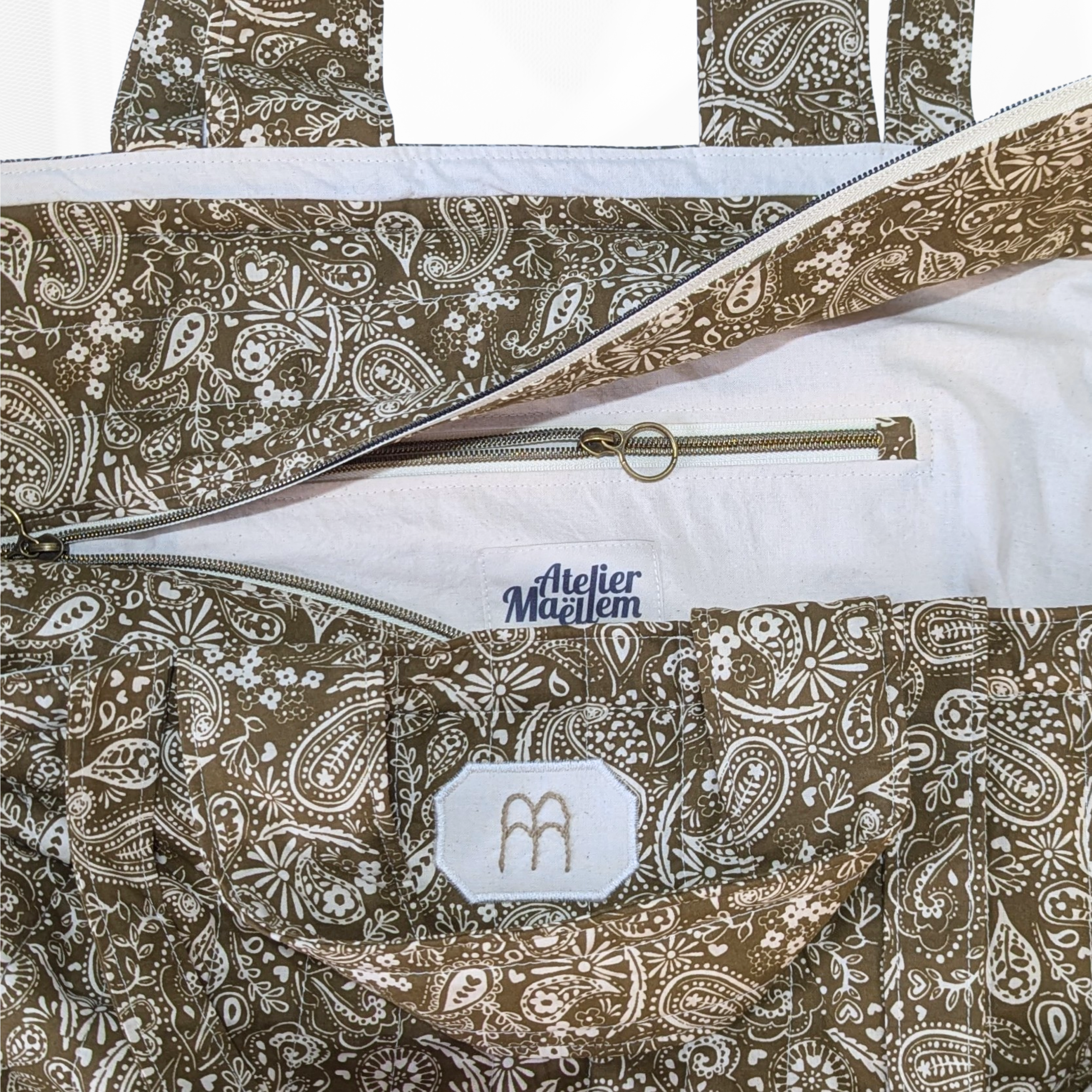 Sac cabas fermeture zippée - Matelassé floral vert Atelier Maellem