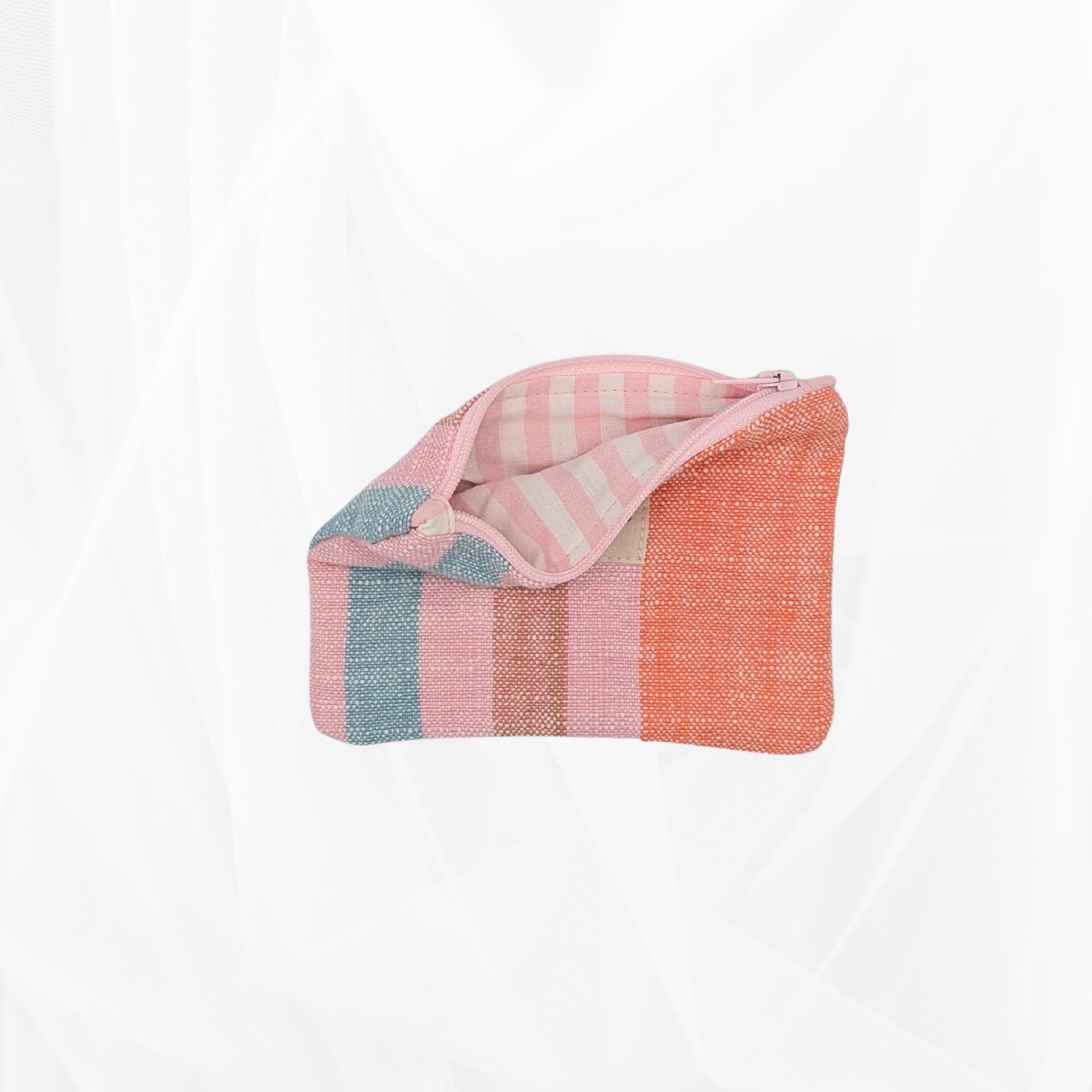 Porte-monnaie - Rayure Multicolore "Rose-orange" - doublure rayée Atelier Maellem
