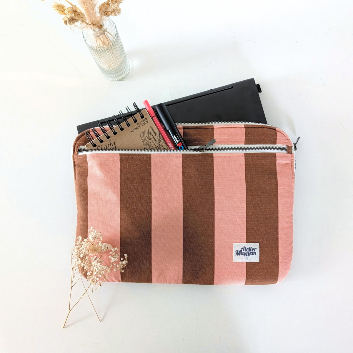 Housse PC - 13' 14' - Rayure "Rose corail-marron" Atelier Maellem