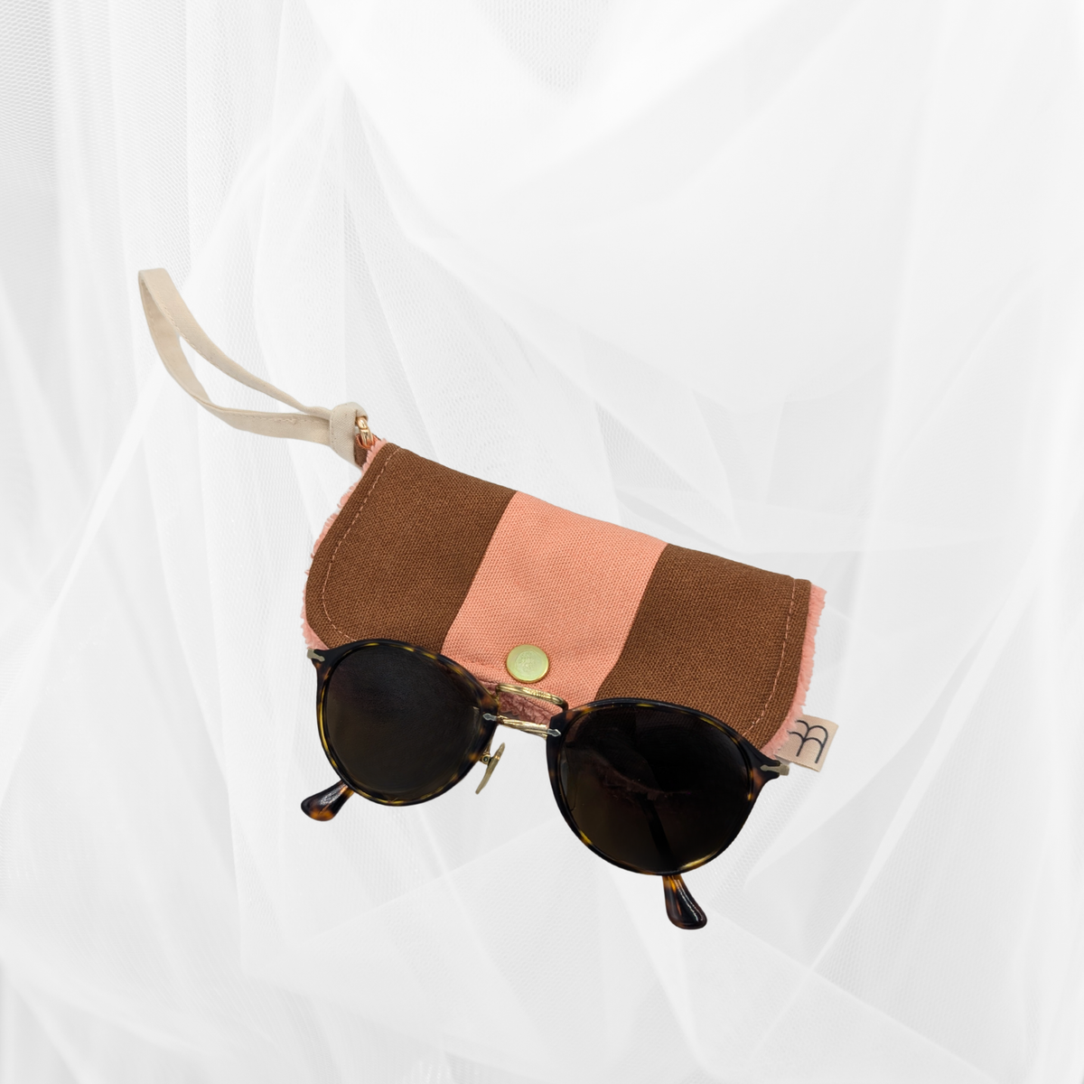 Protège-lunettes en tissu - Rayure "Corail-marron" & éponge unie corail Atelier Maellem
