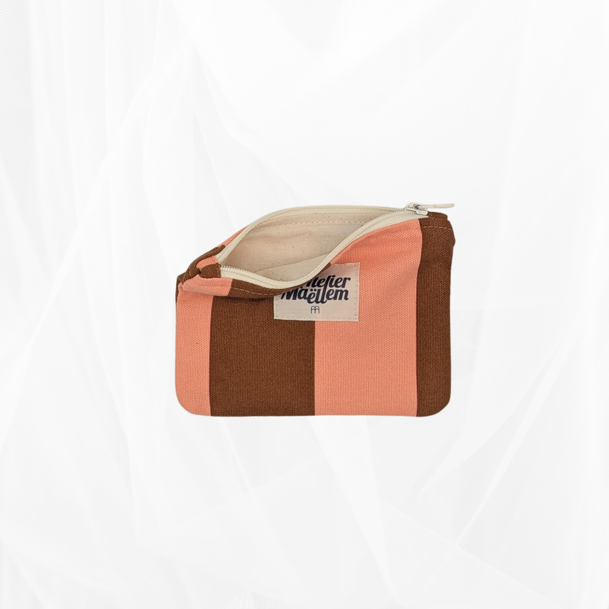 Porte-monnaie - Rayure "Corail-marron" - doublure unie naturelle Atelier Maellem