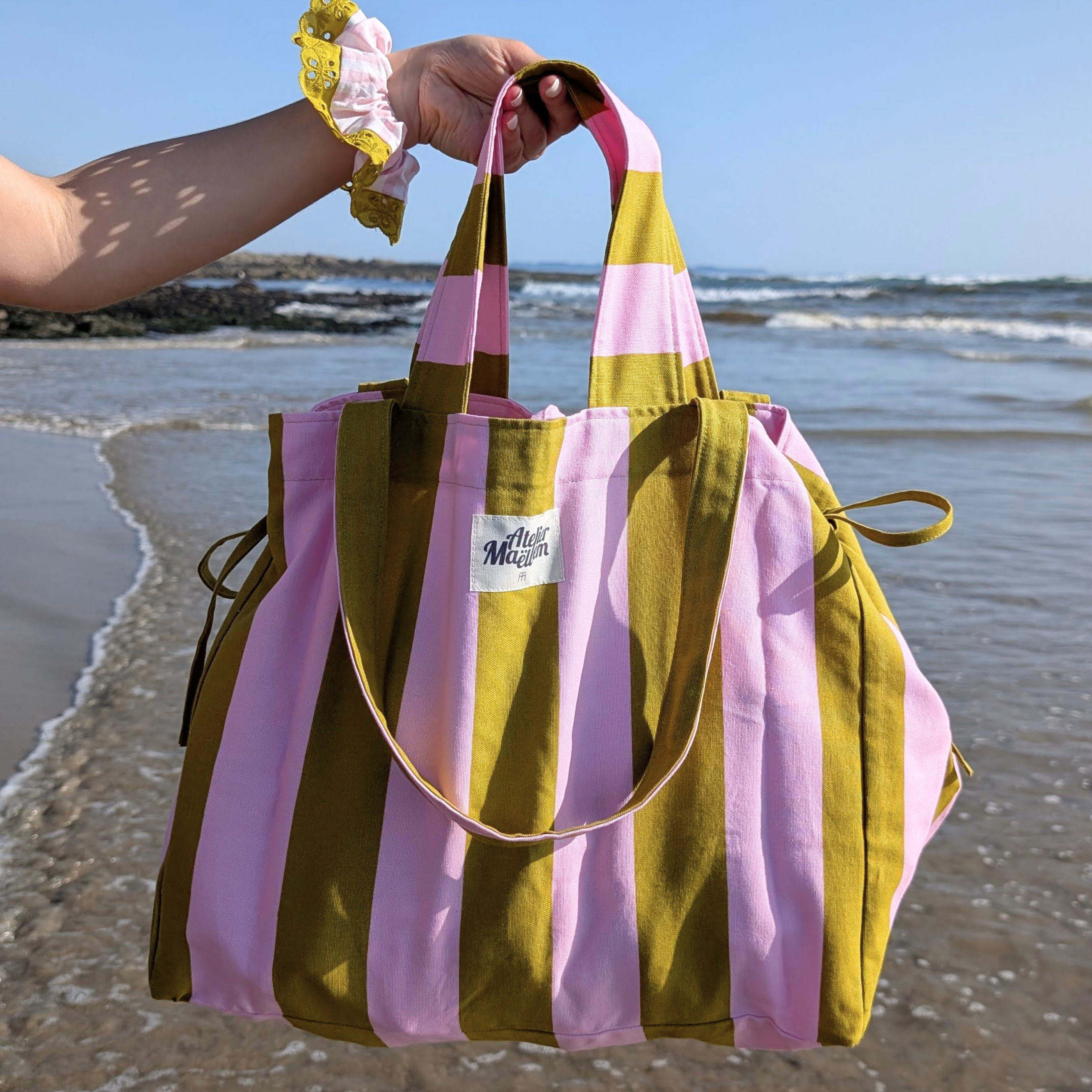 Sac cabas - L'Essentiel - Rayure "Vert-rose" Atelier Maellem