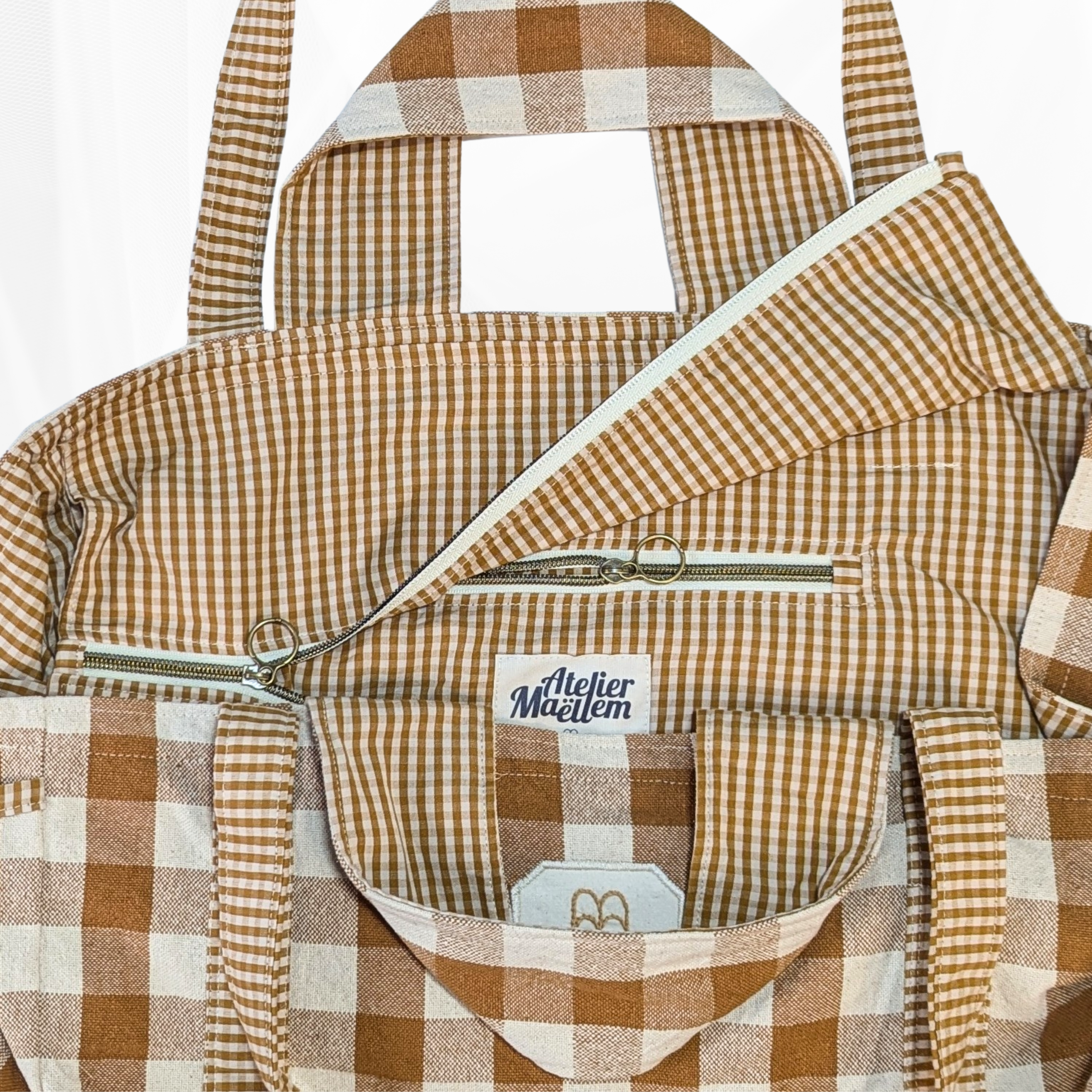 Sac cabas fermeture zippée - Carreaux Jaune moutarde & beige Atelier Maellem