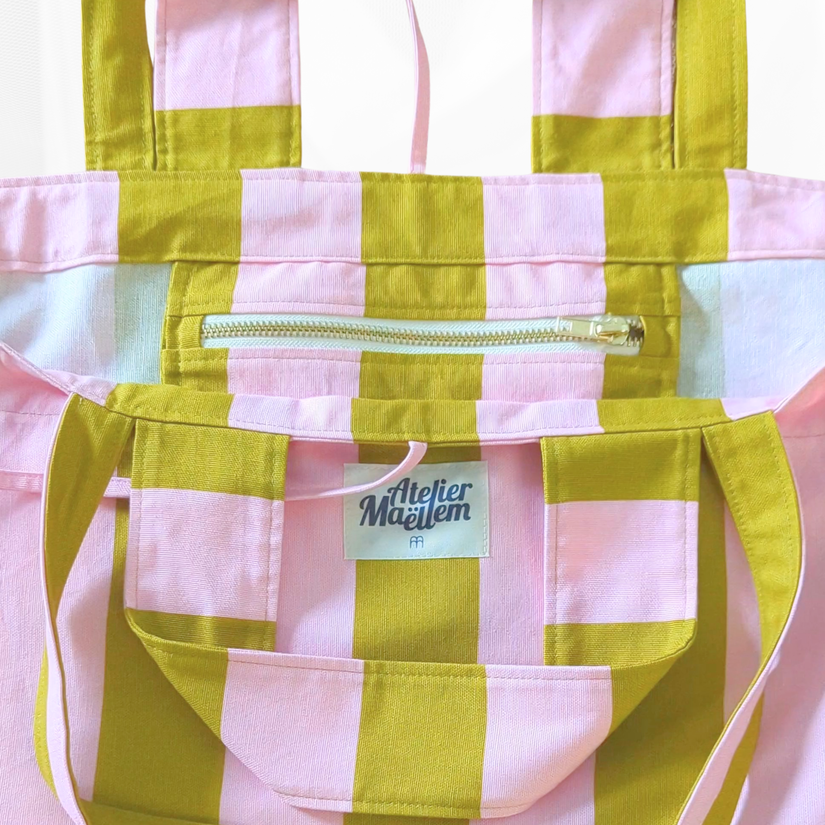 Sac cabas - L'Essentiel - Rayure "Vert-rose" Atelier Maellem