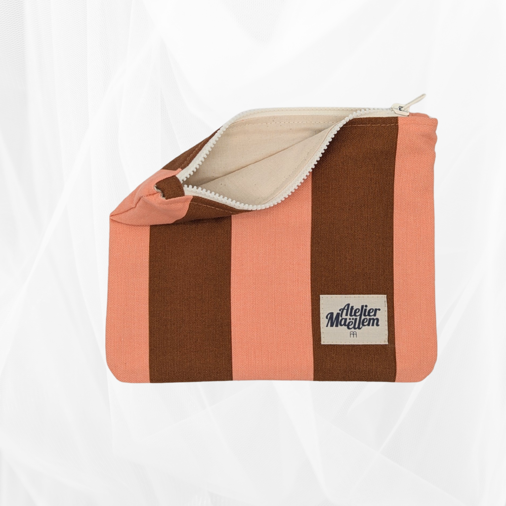 Pochette zippée - Rayure "Corail-marron" Atelier Maellem