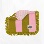 Pochette zippée à volant - Rayure "Vert-rose" - doublure rayée rose & blanc Atelier Maellem