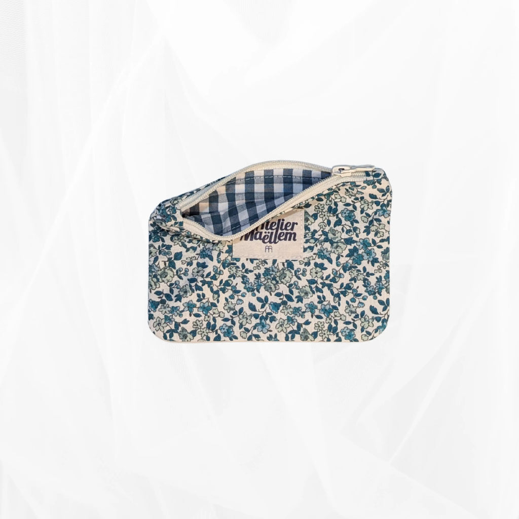 Porte-monnaie -  Floral bleu et doublure vichy Atelier Maellem