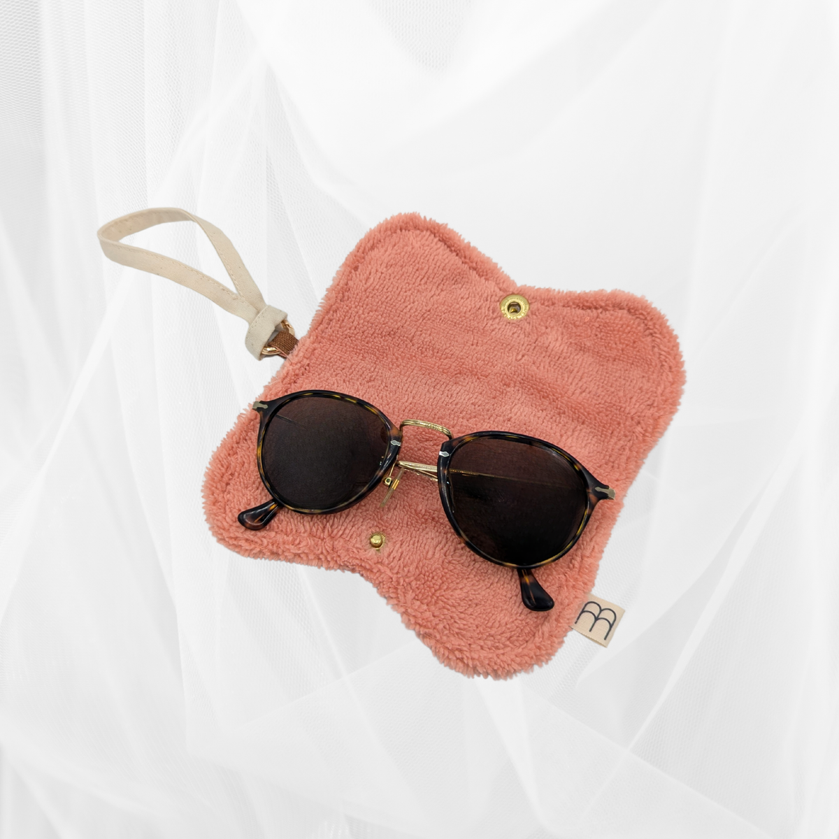 Protège-lunettes en tissu - Rayure "Corail-marron" & éponge unie corail Atelier Maellem