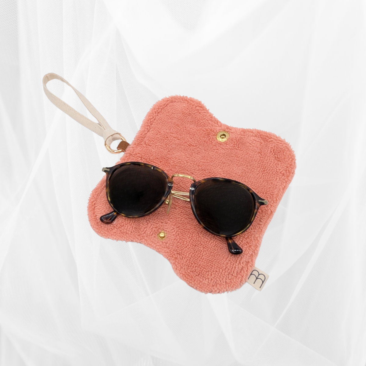 Protège-lunettes en tissu - Rayure "Corail-marron" & éponge unie corail Atelier Maellem