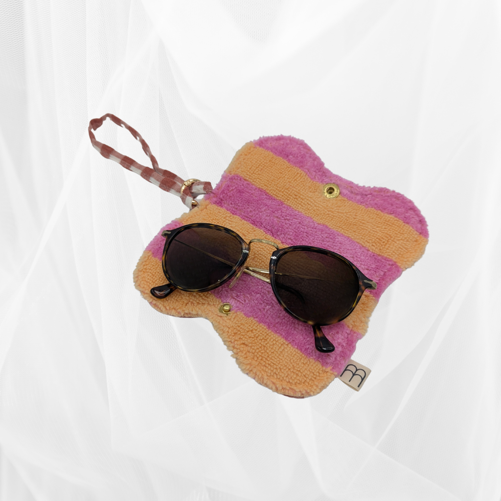 Protège-lunettes en tissu - Vichy Marsala & éponge rayée orange-rose clair Atelier Maellem