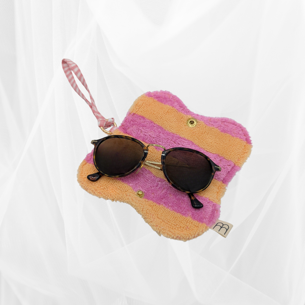Protège-lunettes en tissu - Vichy rose & éponge rayée orange-rose clair Atelier Maellem