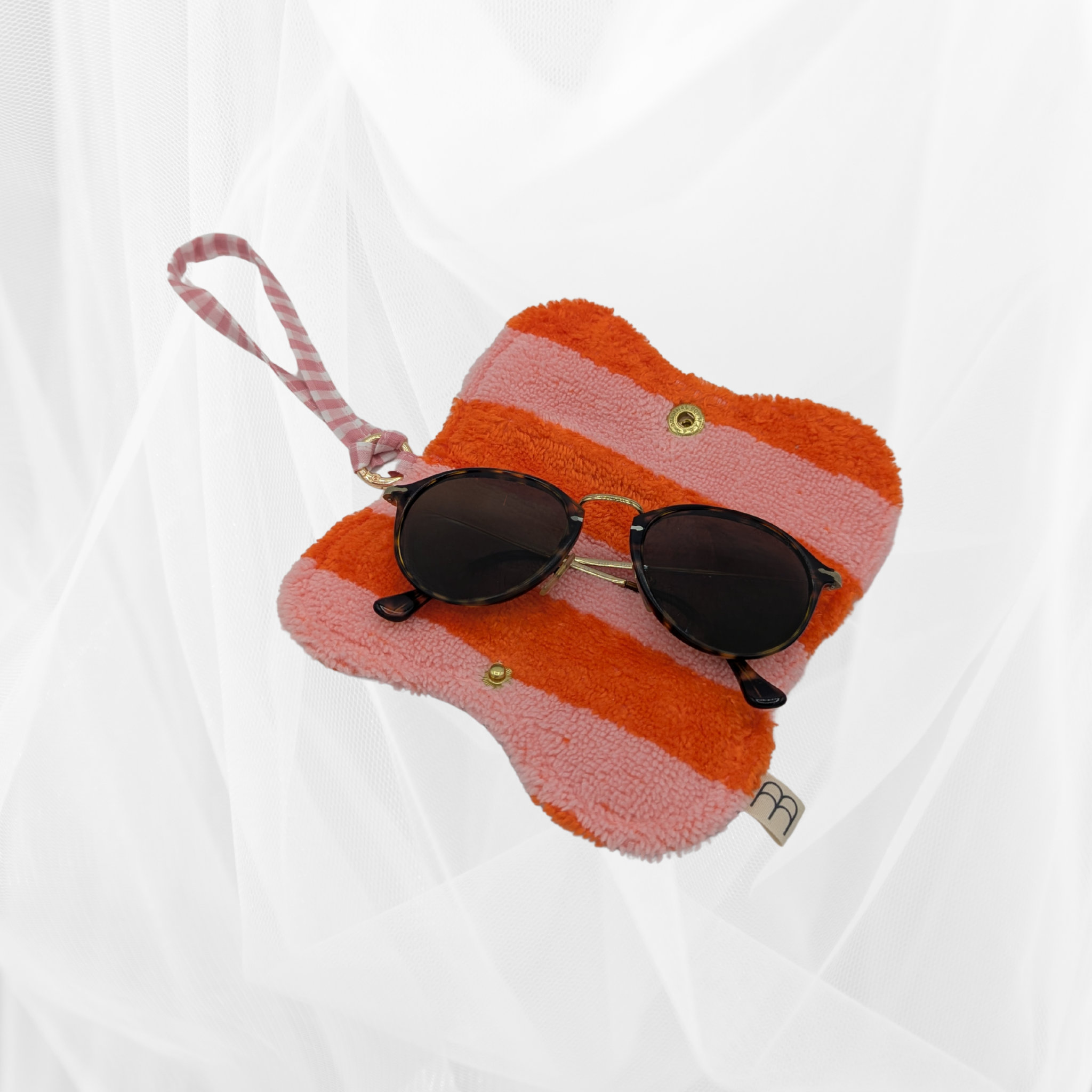 Protège-lunettes en tissu - Vichy rose & éponge rayée orange-rose Atelier Maellem