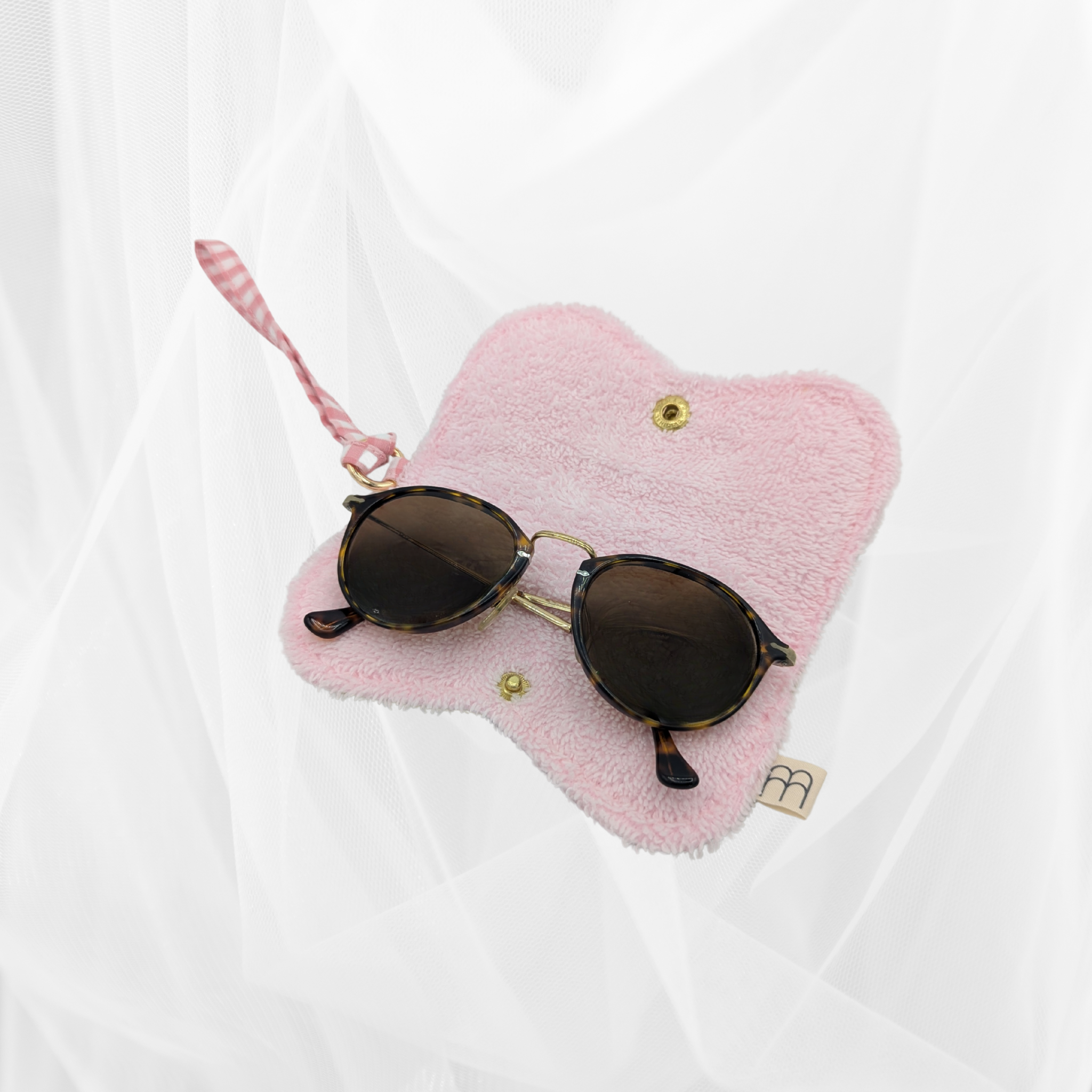Protège-lunettes en tissu - Rayure "Vert-rose" & éponge unie rose Atelier Maellem