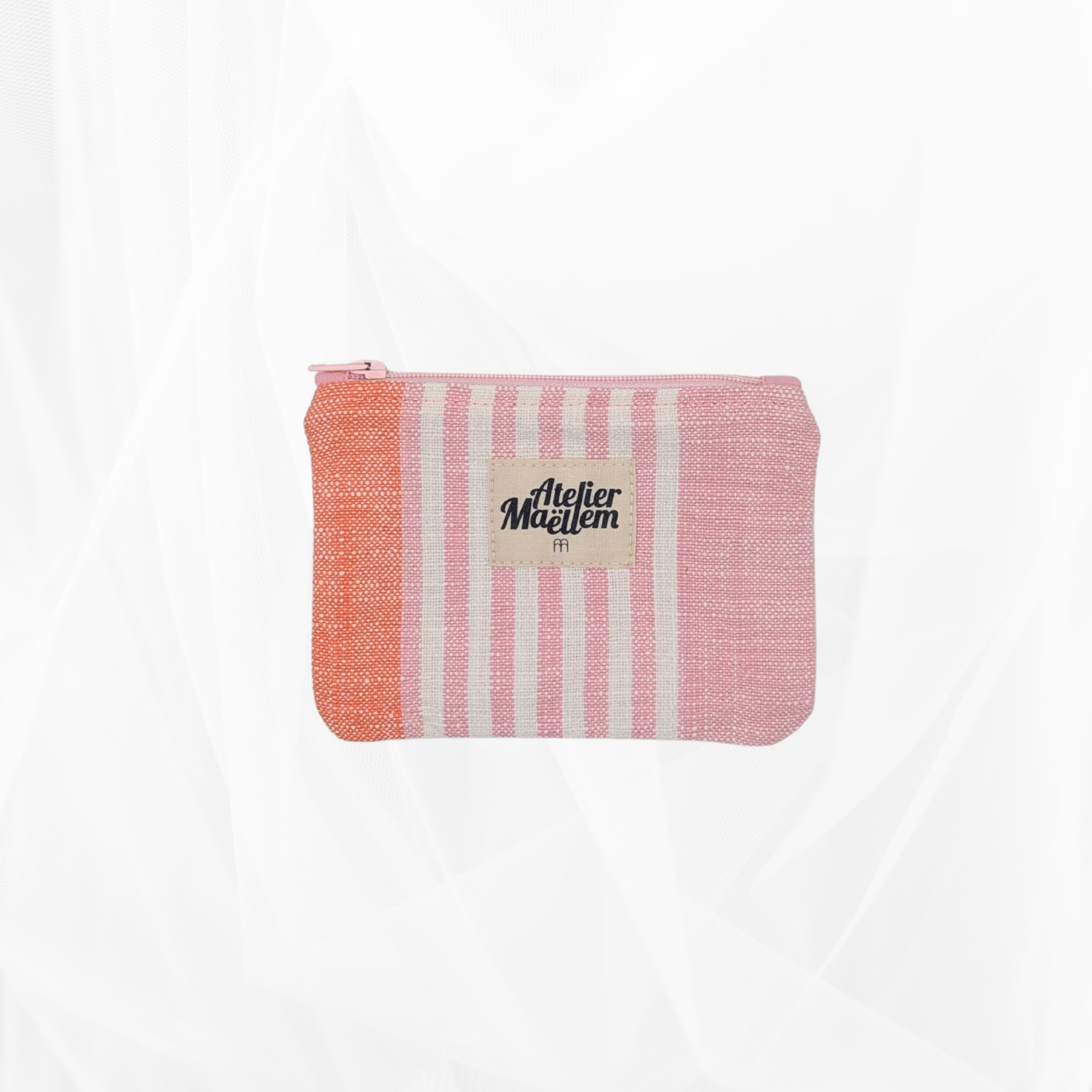 Porte-monnaie - Rayure Multicolore "Rose-orange" - doublure unie rose Atelier Maellem