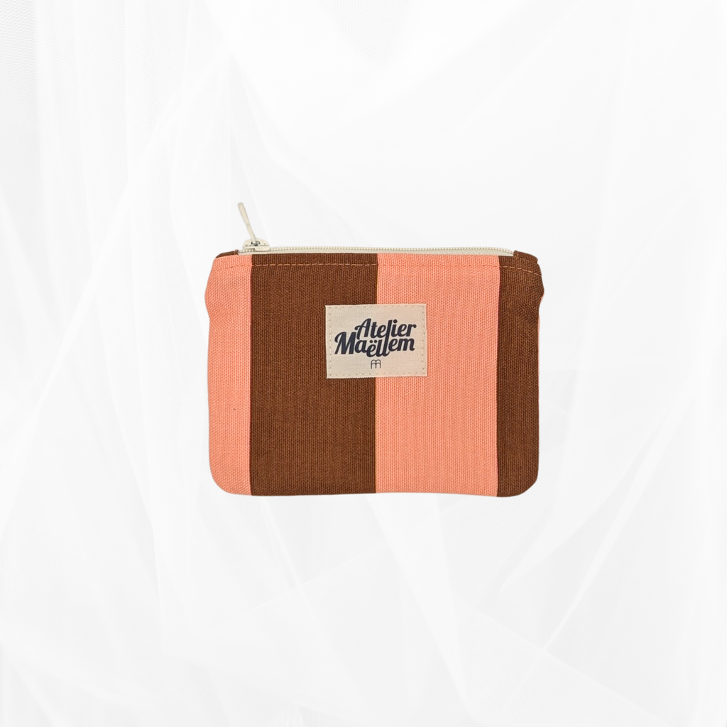 Porte-monnaie - Rayure "Corail-marron" - doublure unie naturelle Atelier Maellem
