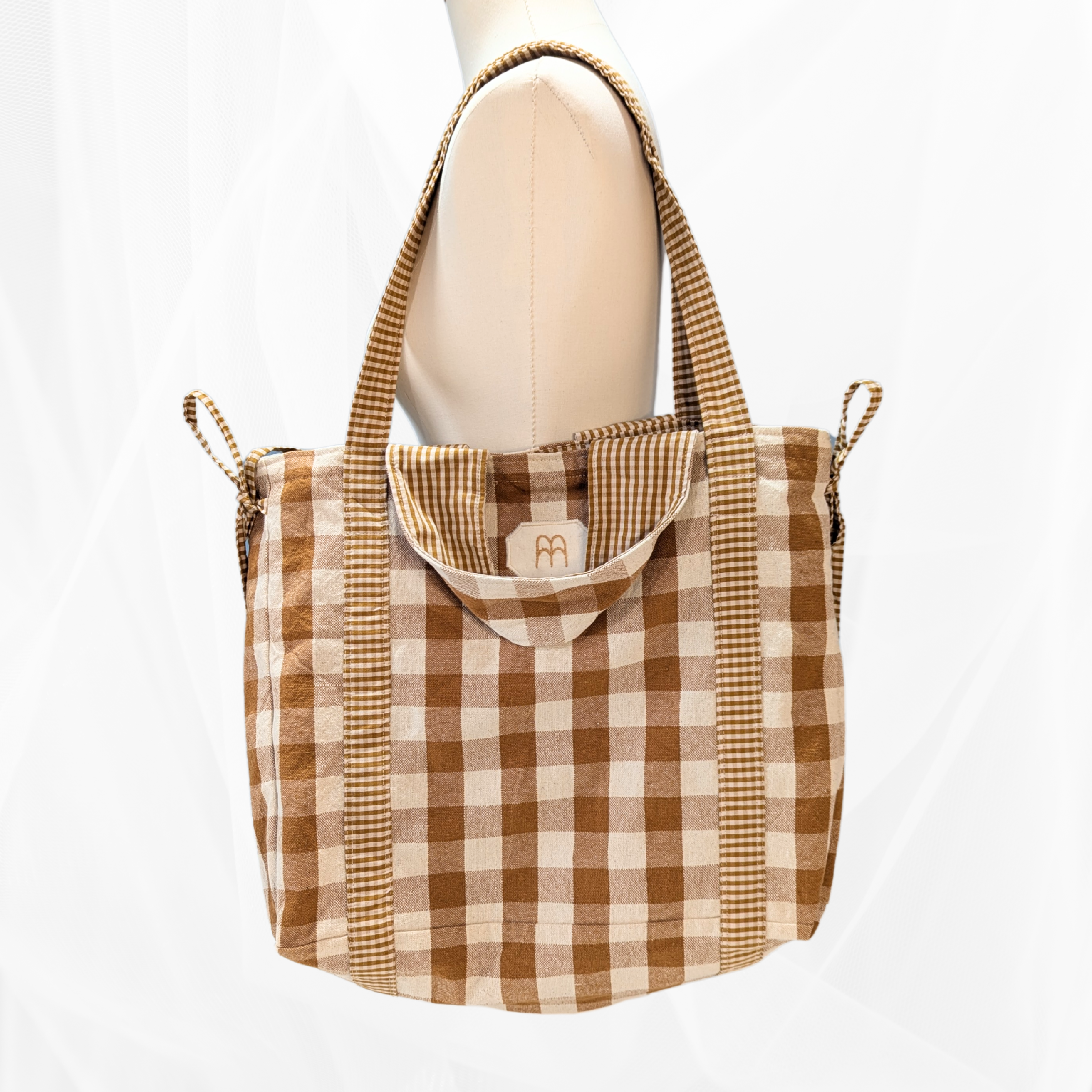 Sac cabas fermeture zippée - Carreaux Jaune moutarde & beige Atelier Maellem