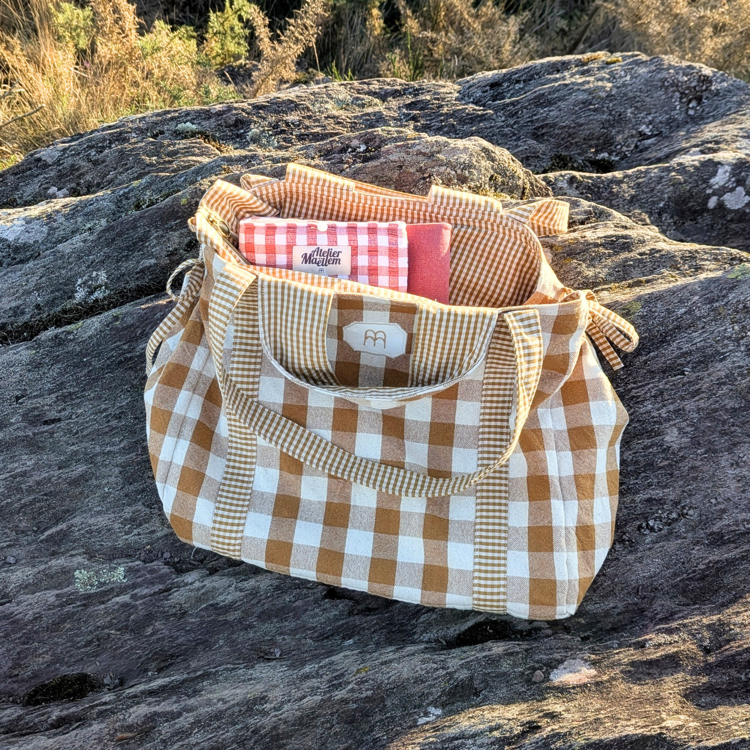 Sac cabas fermeture zippée - Carreaux Jaune moutarde Atelier Maellem