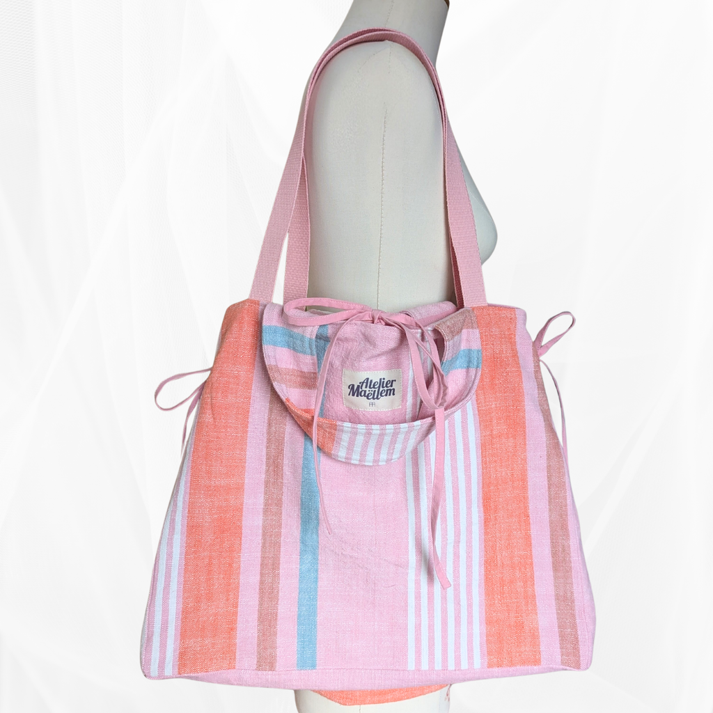 Sac cabas - Rayure multicolore "Rose-orange" Atelier Maellem