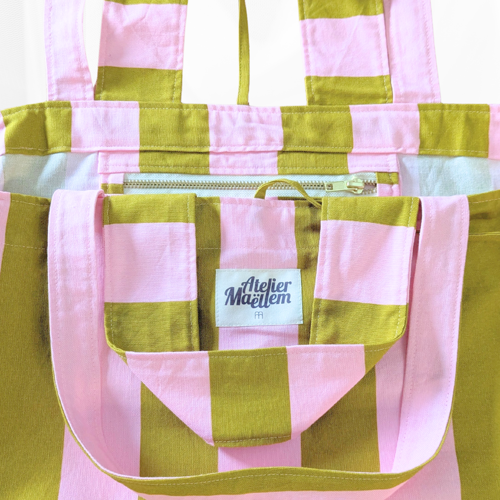 Sac cabas - L'Essentiel - Rayure "Rose-vert" Atelier Maellem