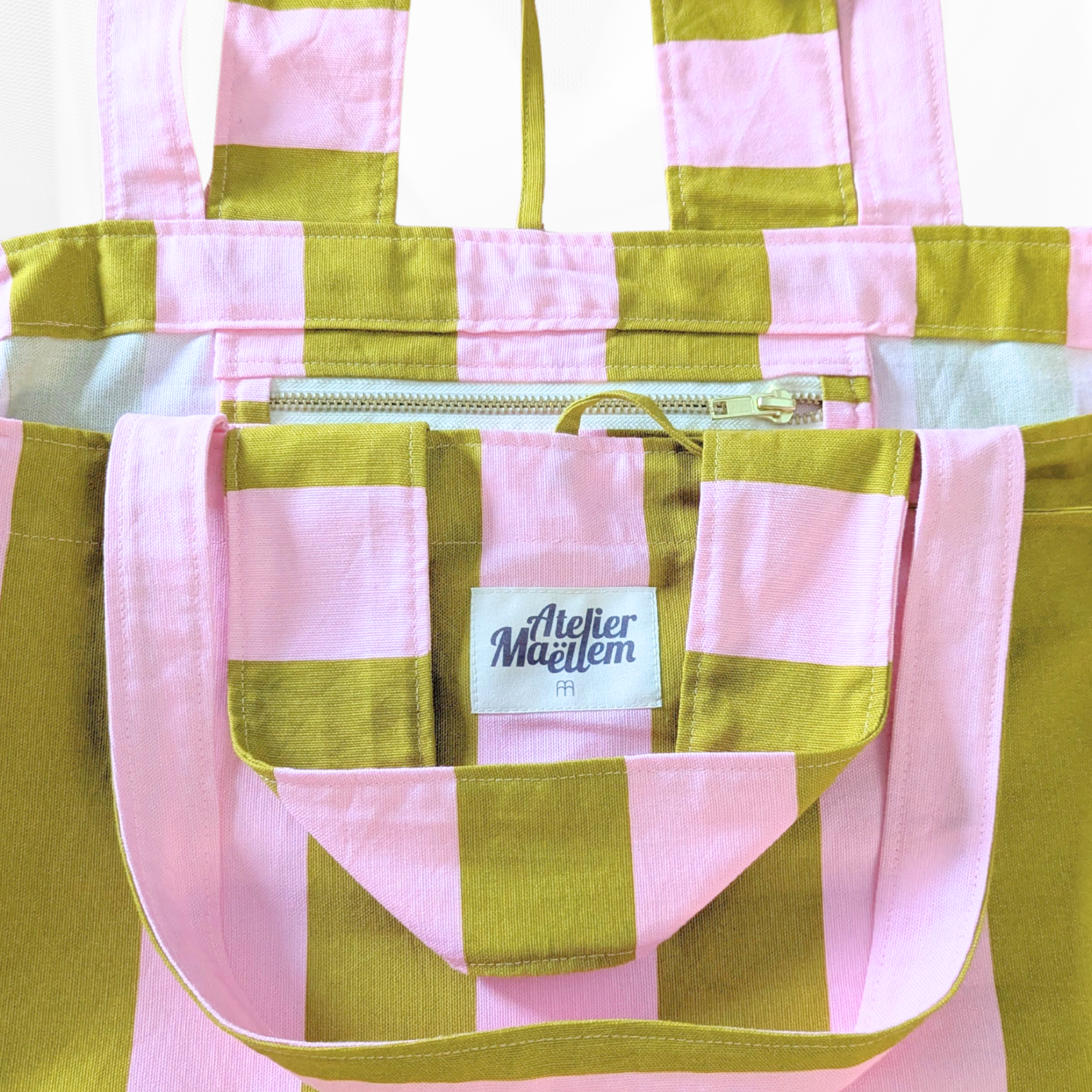 Sac cabas - L'Essentiel - Rayure "Rose-vert" Atelier Maellem