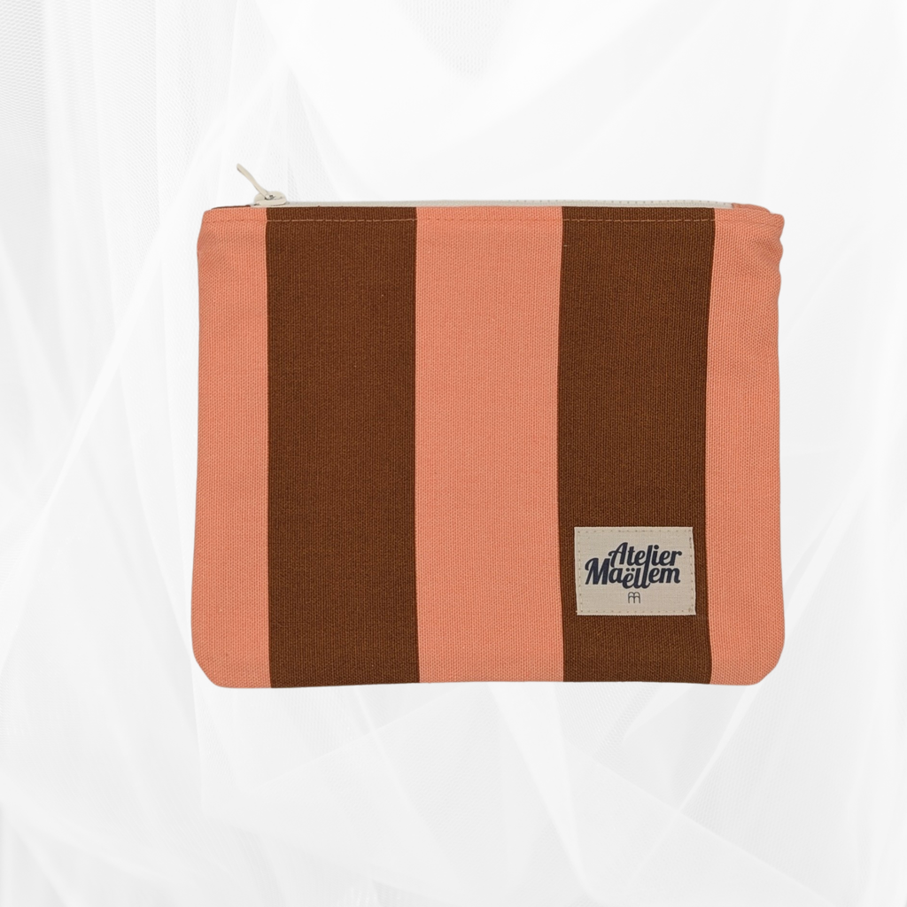 Pochette zippée - Rayure "Corail-marron" Atelier Maellem