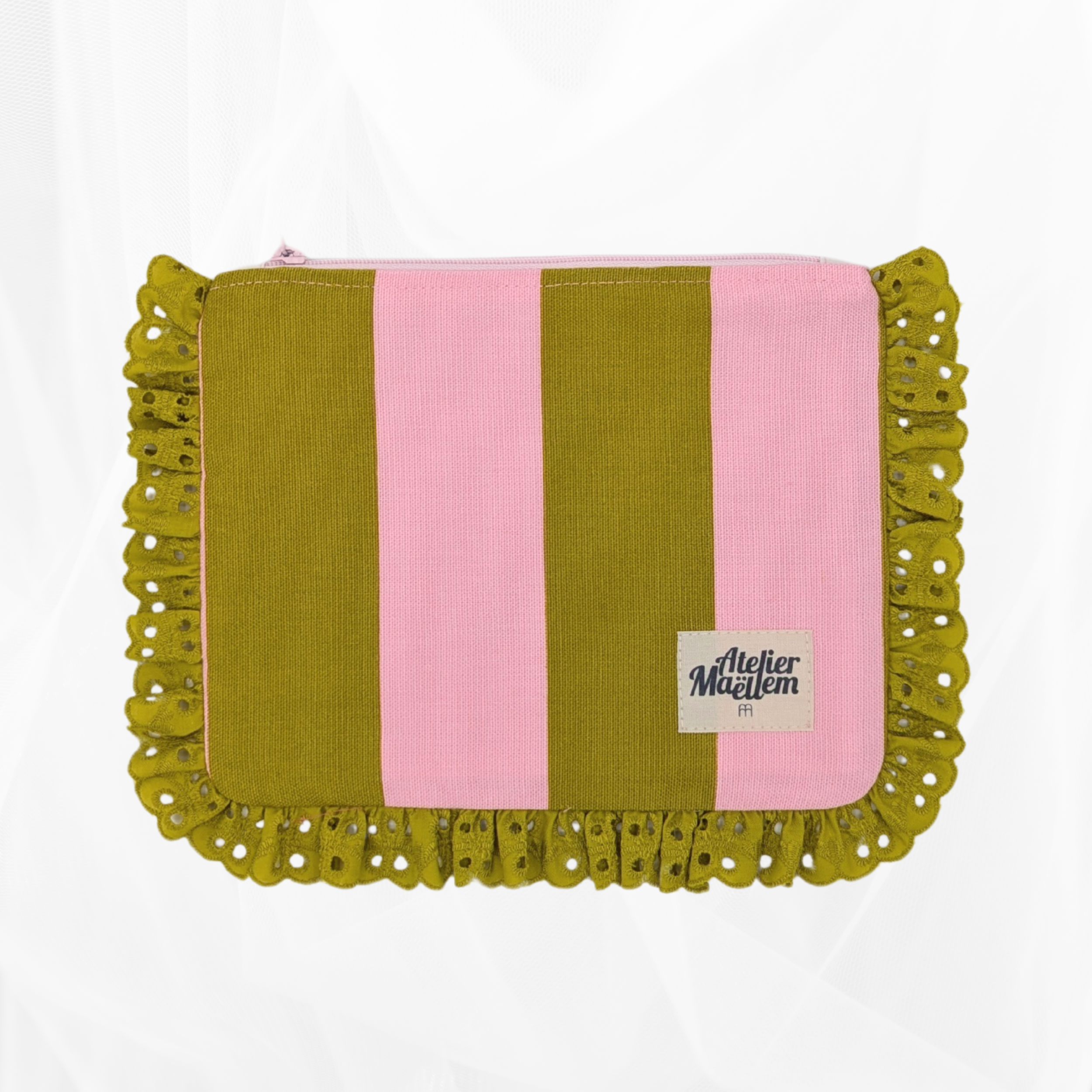 Pochette zippée à volant - Rayure "Vert-rose" - doublure rayée rose & blanc Atelier Maellem