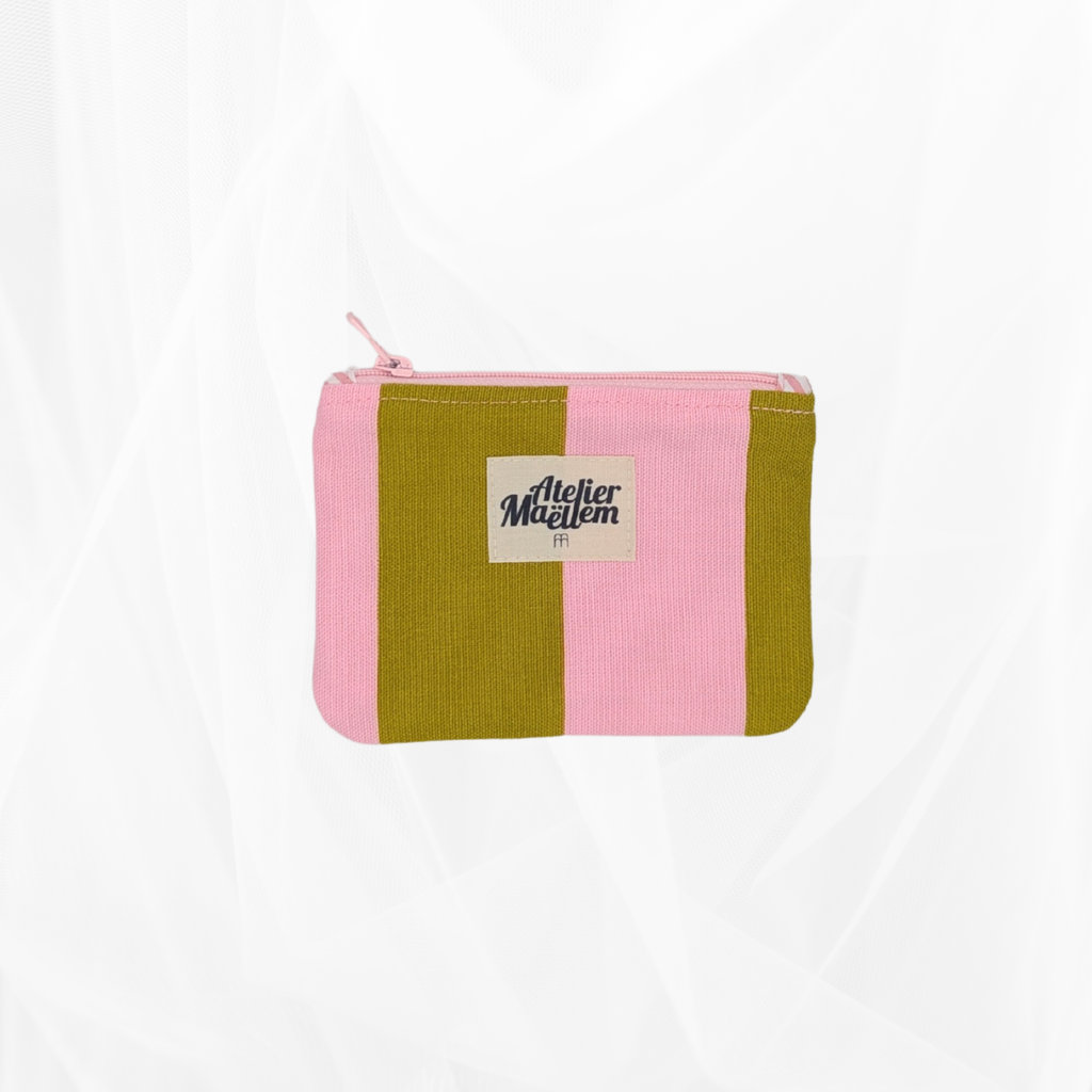 Porte-monnaie - Rayure "Vert-rose" - doublure rayée Atelier Maellem