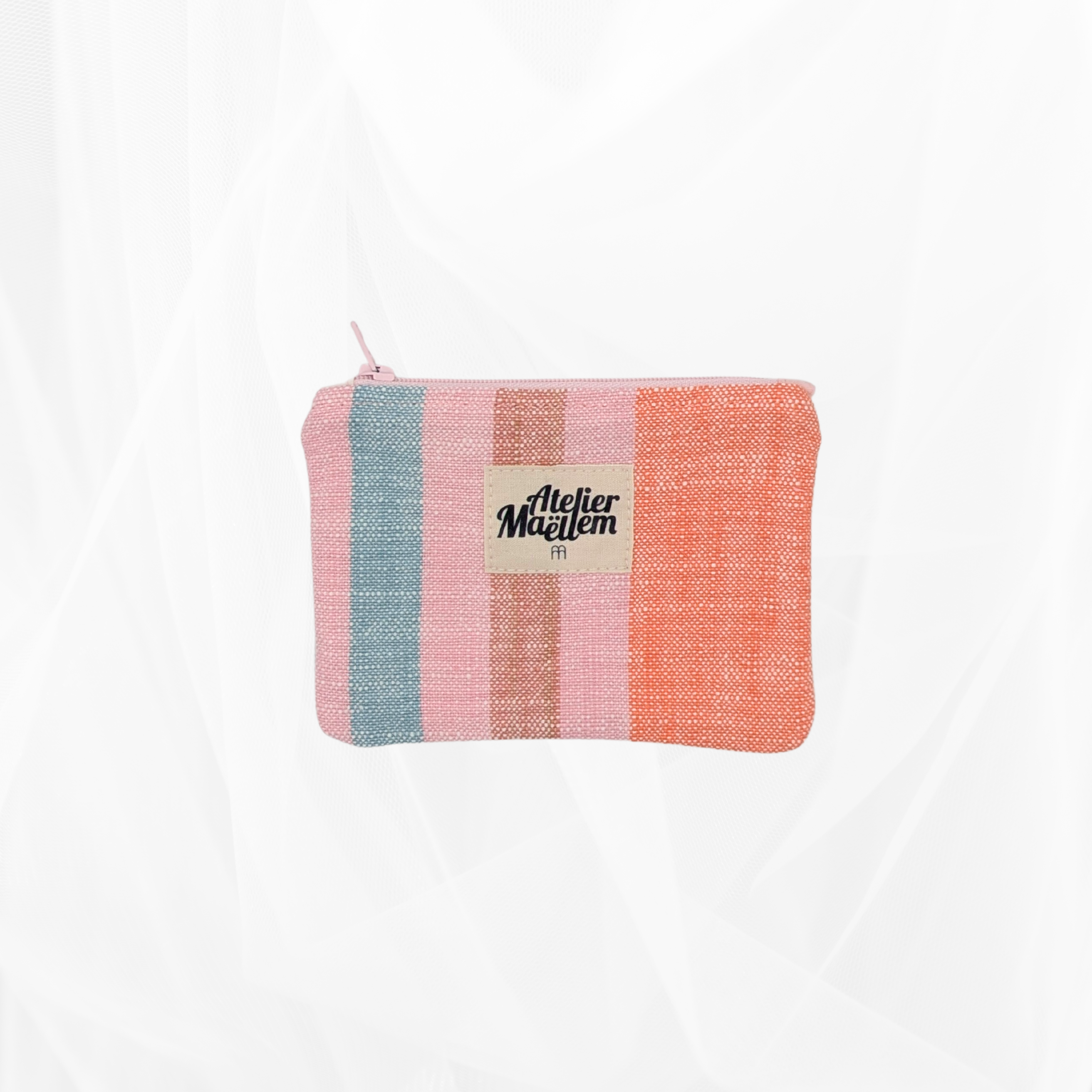 Porte-monnaie - Rayure Multicolore "Rose-orange" - doublure rayée Atelier Maellem
