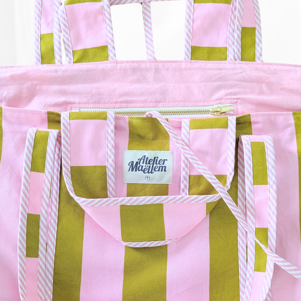 Sac cabas - Rayure "Vert-rose" & biais rayé Atelier Maellem