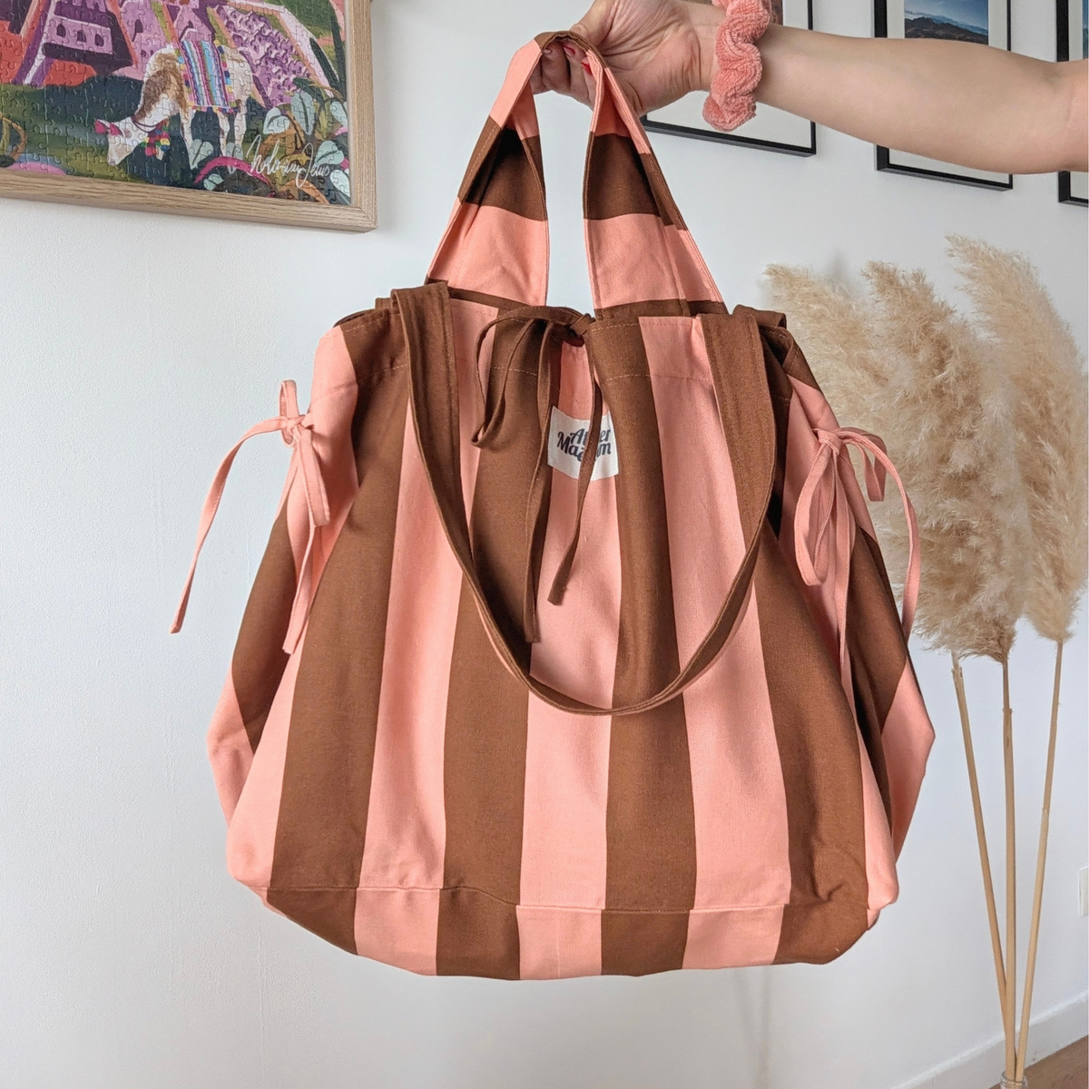 Sac cabas - L'Essentiel - Rayure "Rose corail-marron" Atelier Maellem
